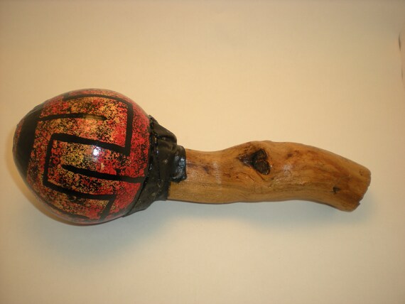 Gourd Rattle Percussion Instrument Red and Black Meander Design