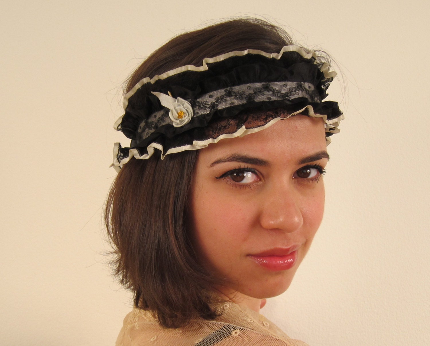 Vintage 1920s Headband Sleep Bandeau Black Lace Ribbon Ruffles