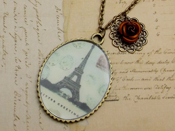 Paris Burnt Orange Rose Necklace Large Oval Eiffel Tower Pendant Antiqued Gold