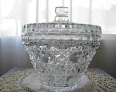 Vintage Crystal Button and Cane Pattern Glass Covered Candy Dish