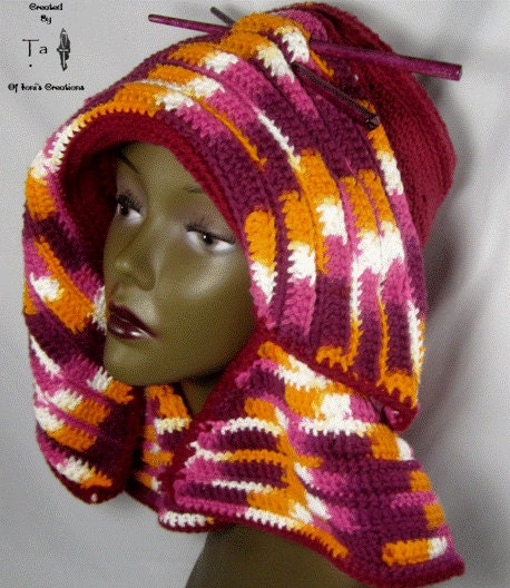 Wine and Batik Wide Brimmed Hat with 2 splits and 2 chopsticks