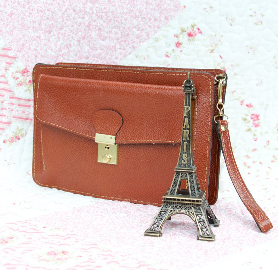 Day in the City, French Vintage, Tan Leather, His or Hers Clutch Handbag from Paris