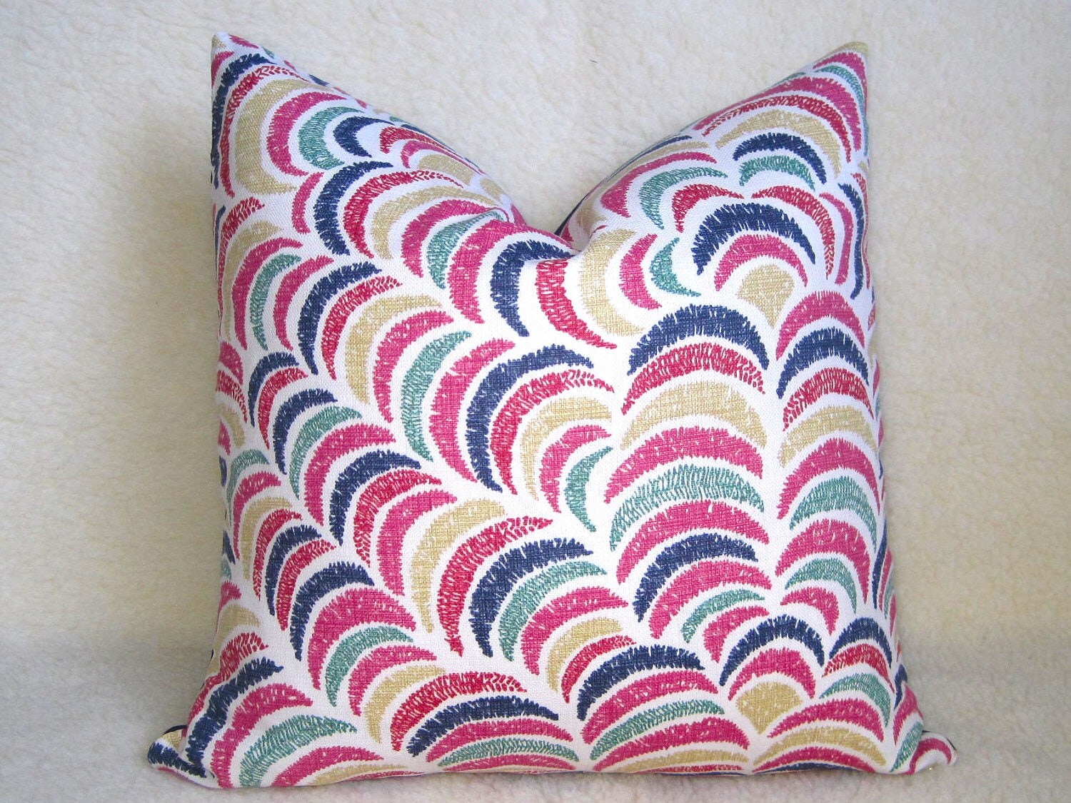 John Robshaw Textiles Designer Pillow - 18 inch - Rainbow - Pink - Navy - Gold - Teal - Red Orange - Decorative Pillow - Colorful Pillow