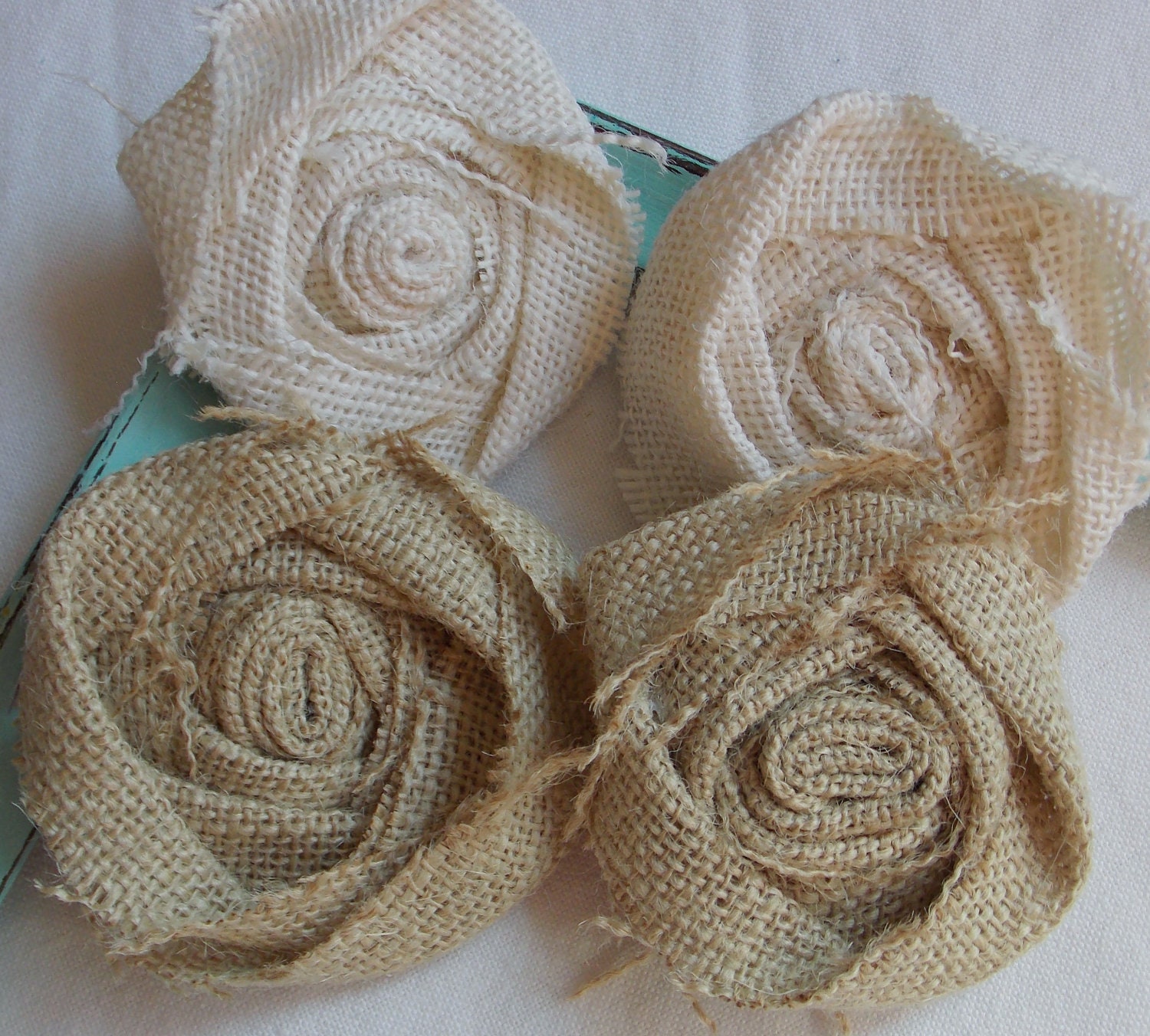 Shabby Chic Burlap Flowers Burlap Rosettes Shabby Chic Wedding Decor Set of 4