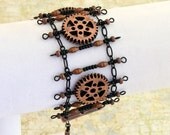 Steampunk Gear Bracelet, Copper and Gunmetal with Black Chain - Cuff Steampunk Bracelet