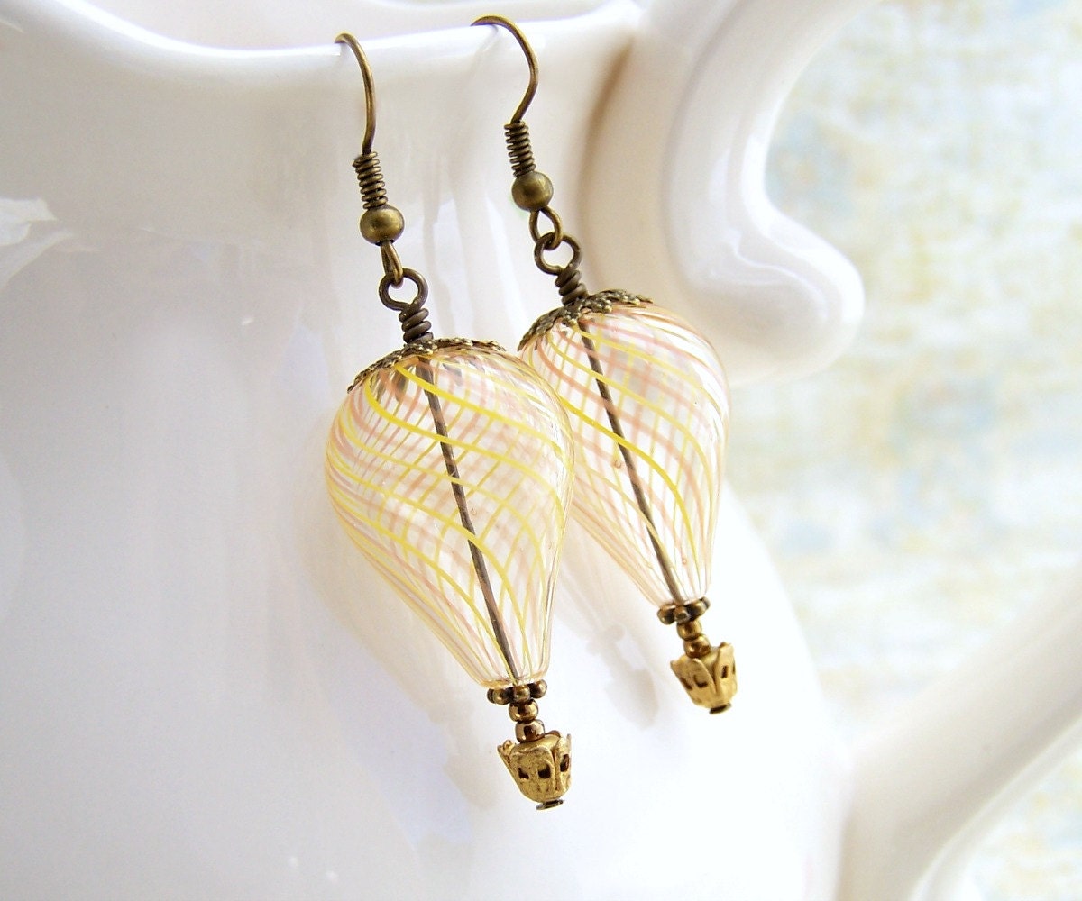 Sweet Hot Air Balloon Earrings with antique gold basket and bronze findings - peach and yellow swirls with brass filigree