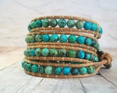 Leather Beaded Wrap Bracelet, Turquoise 4x Wrap Bracelet, Quad Wrap Southwestern Bracelet