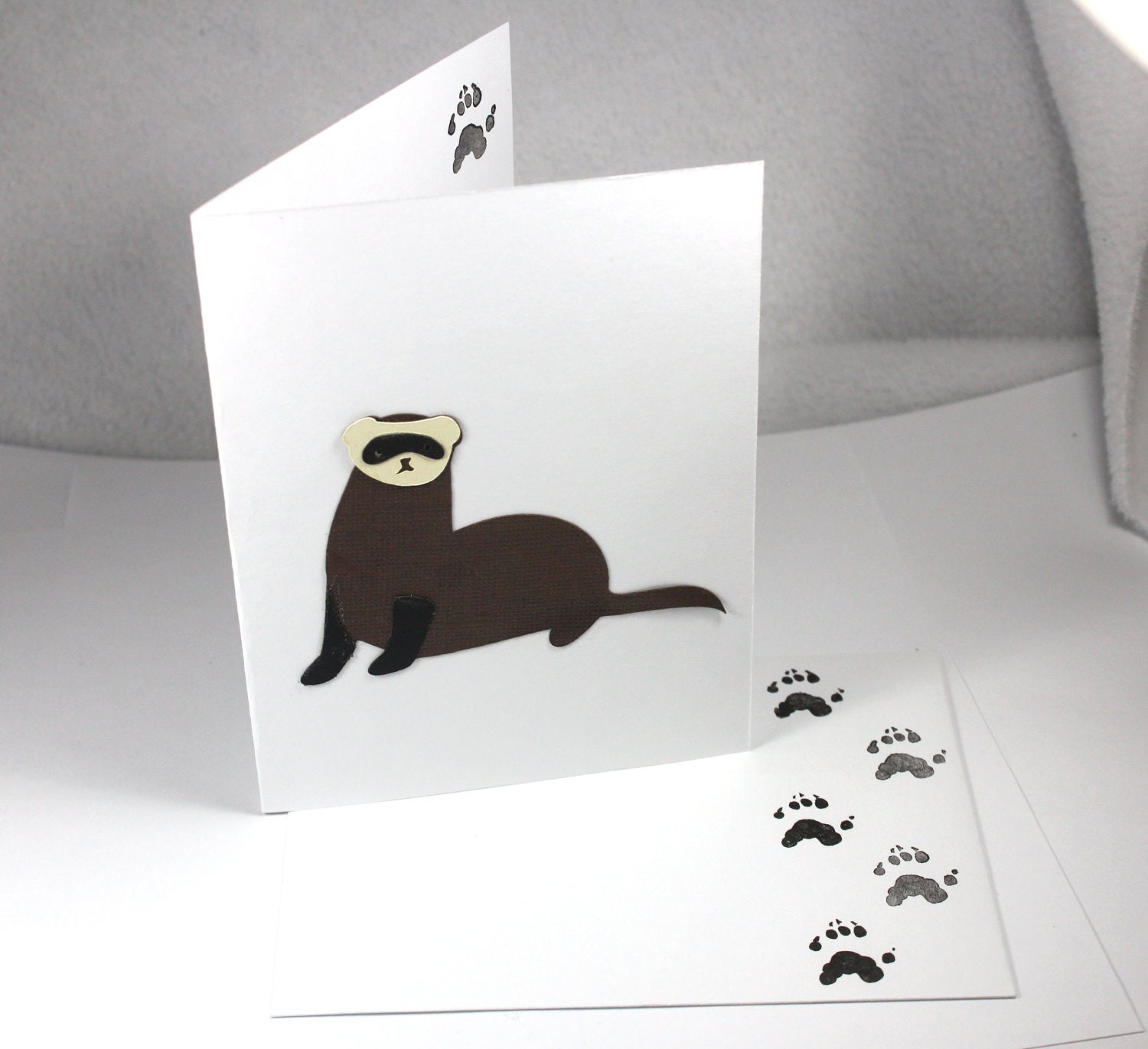 4 Ferret Cards - blank, custom color, stamped, paw print, pet, small animal, thank you,