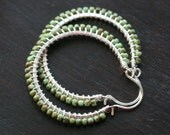Handmade green beaded hoops, large, sterling silver, Toho glass seed beads, silver hoops, wire wrapped, Mimi Michele Jewelry