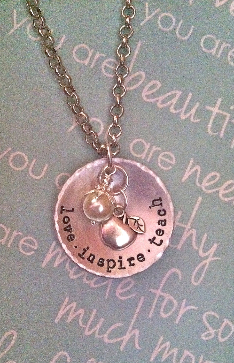 NEW-Love.Inspire.Teach..Just for Teachers..Hand Stamped Necklace