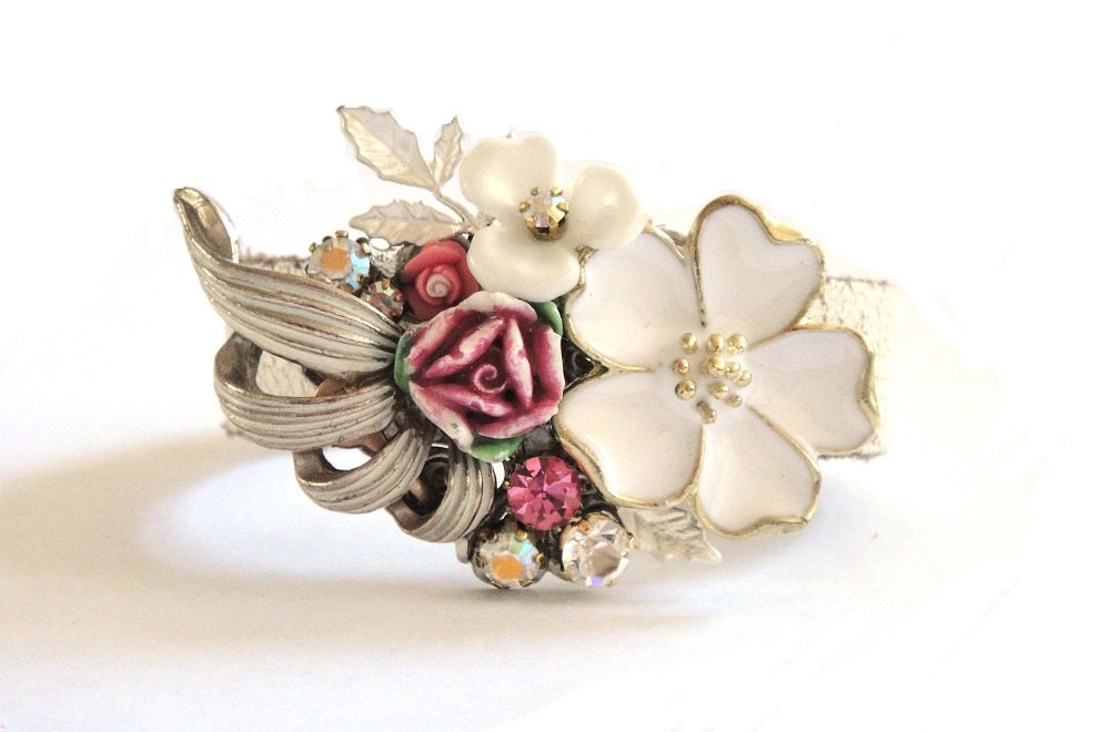 Romantic Shabby Chic bridal bracelet in white and dusty pink - bridesmaid gift bracelet - repurposed vintage collage wedding bracelet