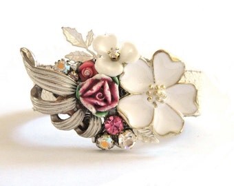Romantic Shabby Chic bridal bracelet in white and dusty pink - bridesmaid gift bracelet - repurposed vintage collage wedding bracelet