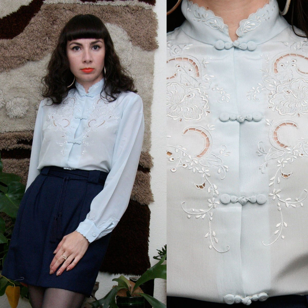 Vintage 70s 80s Baby Blue Embroidered Blouse Medium