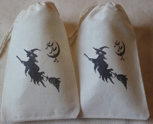 10 Muslin Favor Gift Bags - Halloween Witch on a Broom - 3x5 Organic Cotton Treat bags Il_570xn