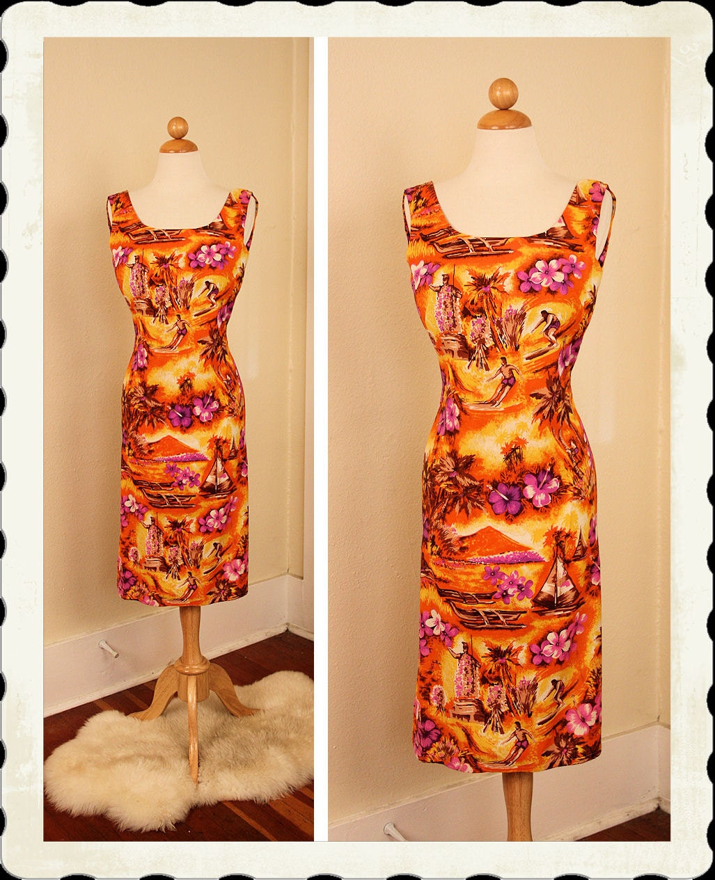 RARE 1950's Hawaiian Savage Print Hourglass Cotton Sheath Dress w/ Side Slits - The Best Color Scheme - Novelty Print - Tiki - VLV - Size M