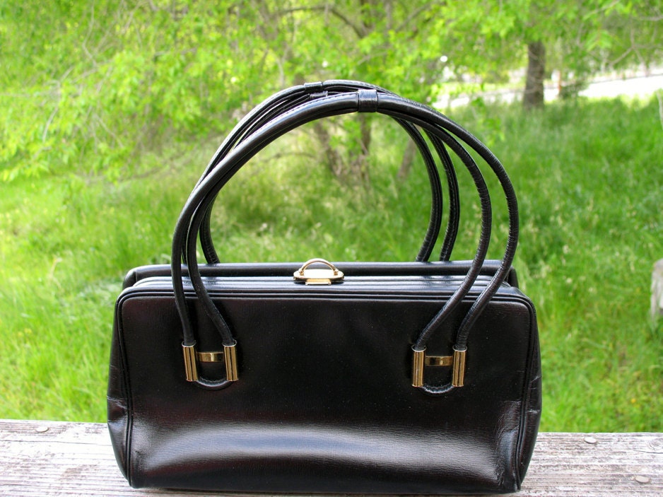 Gorgeous MadMen Era Black Leather Satchel Doctor Type Bag with Gold Hardware In Mint Condition