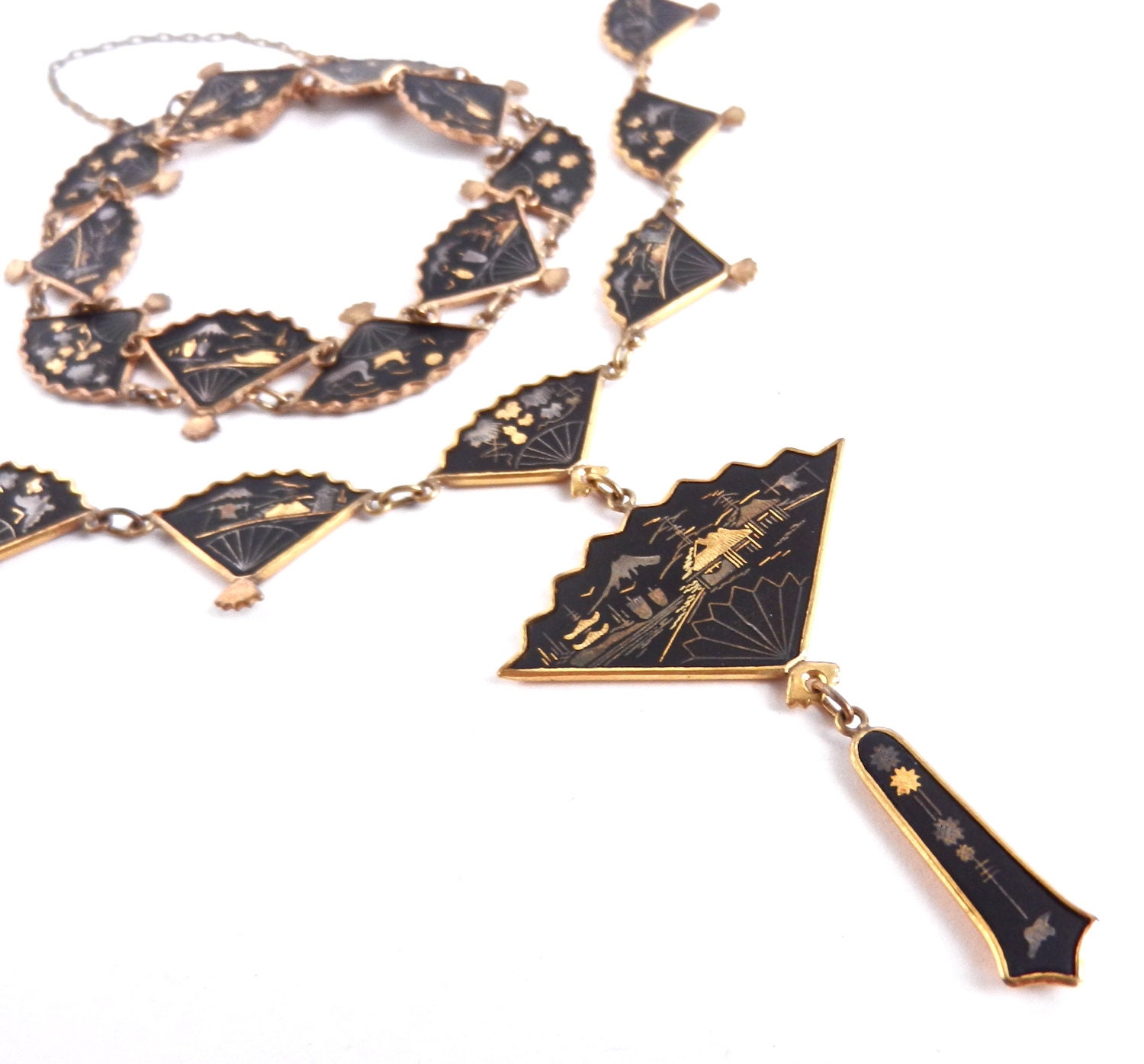 SALE - Vintage Damascene Necklace & Bracelet Asian Jewelry Set - Silver and Gold Inlay Jewelry / Japanese Fans