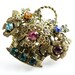 Vintage Flower Basket Rhinestone Brooch - Gold Tone Colorful Glass Stone Costume Jewelry Pin / Floral Bouquet