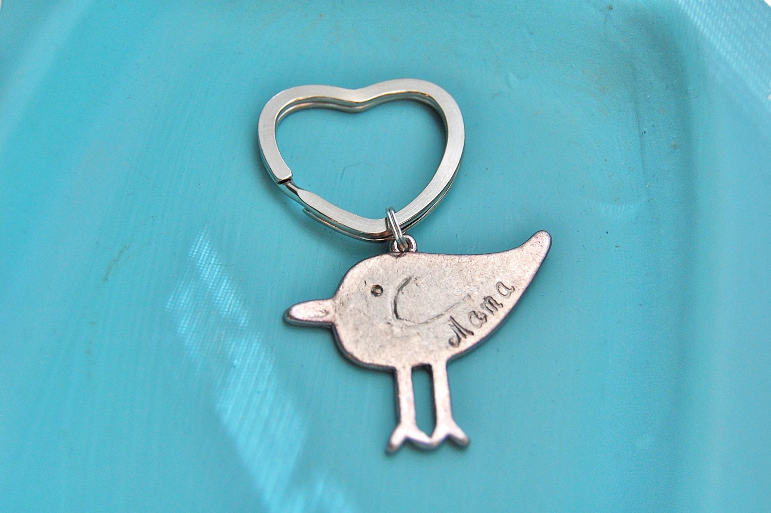 Mama bird keychain, hand stamped name