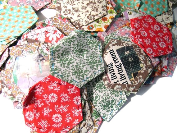 Quilt Squares Retro Fabric Pre Cut Hexagon Grandmothers Garden