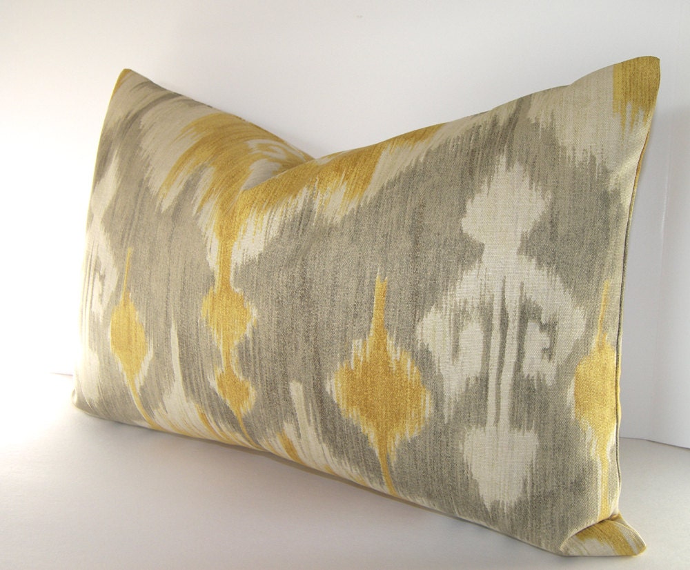 Both Sides - Decorative Lumbar Pillow Cover - Ikat - Grey - Gold - Yellow - Ivory - 12x18 - 12x20 or 12x22 inches