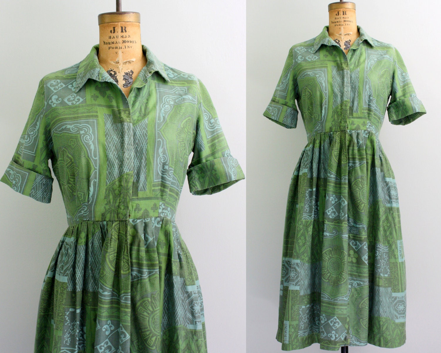 1950s shirtwaist dress / 50s cotton dress / green shirt dress medium
