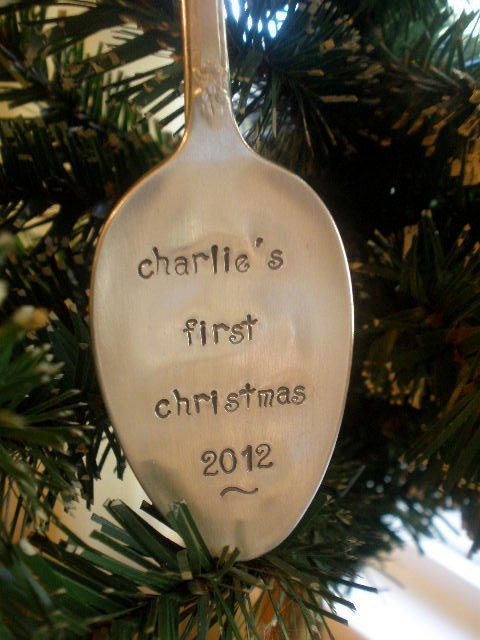 Personalized Ornament - Baby's First Christmas Vintage Spoon - Hand Stamped