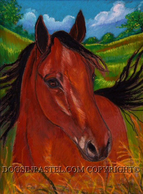 Horse painting art  animal portrait chestnut horse in landscape- Original Oil Pastel Painting