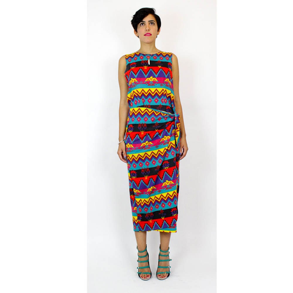 southwest print dress M/L bright navajo pattern column by OmniaVTG