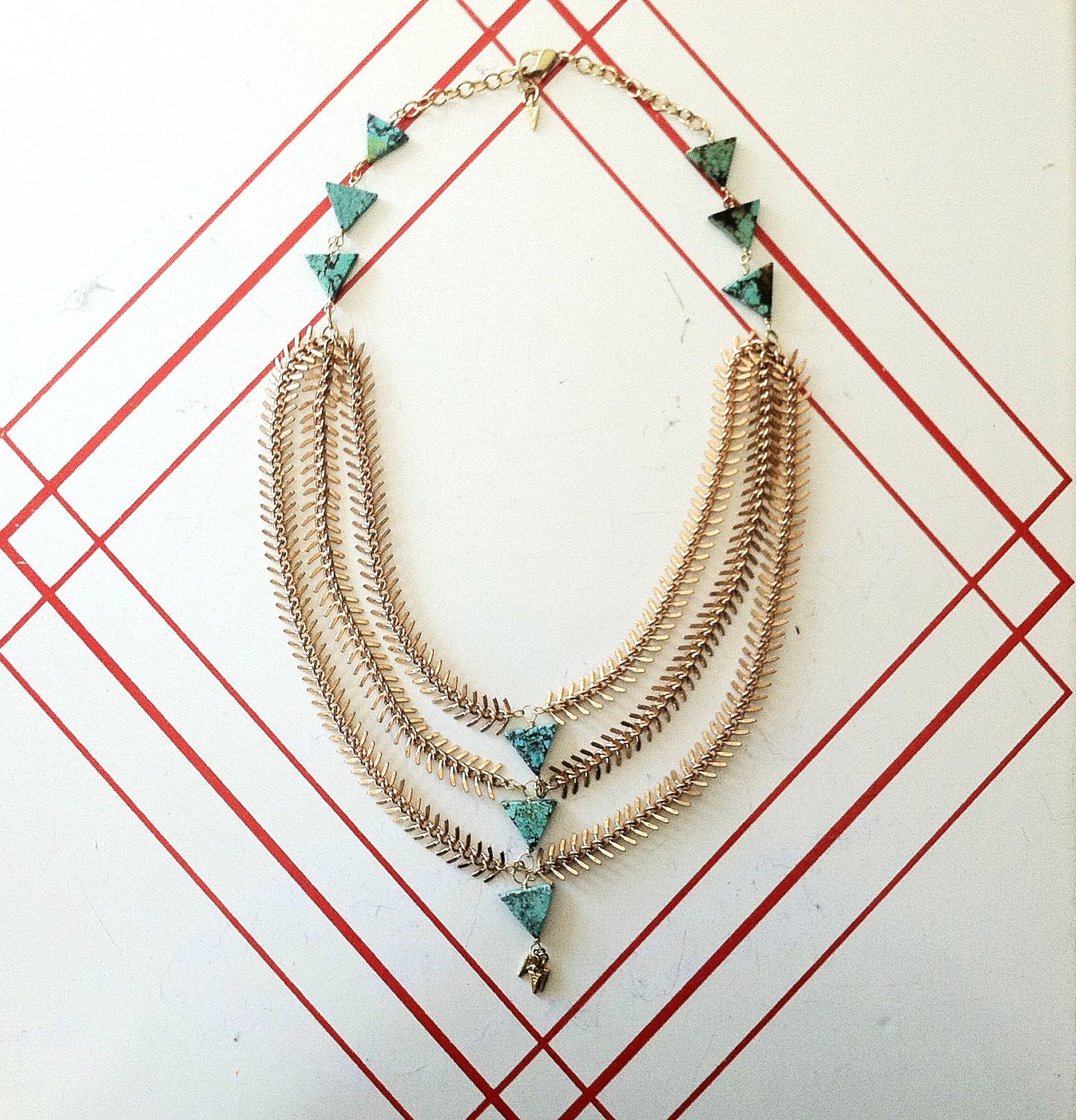 Rose Gold Fishbone Chain and Turquoise Bib Necklace