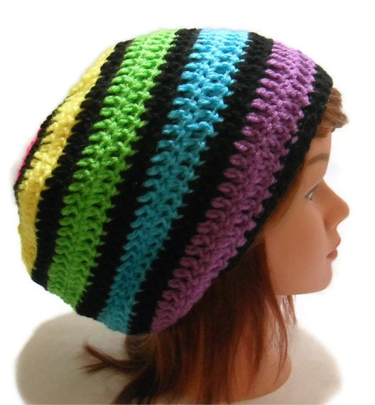 Crochet Rainbow Slouchy Tam Over Sized Beanie in Rainbow and Black Small