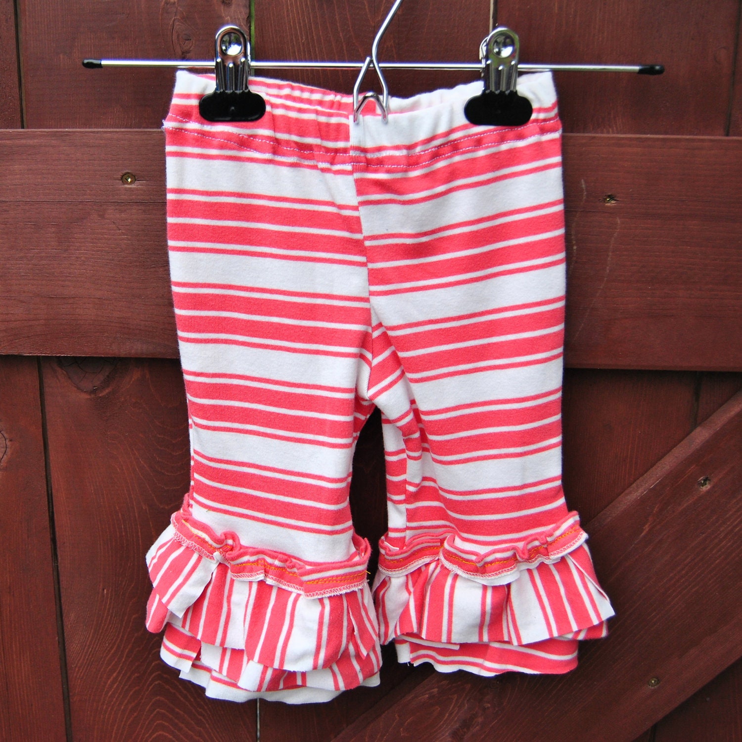 Upcycled Ruffle Capri Pink White Stripes Size 12-18 months