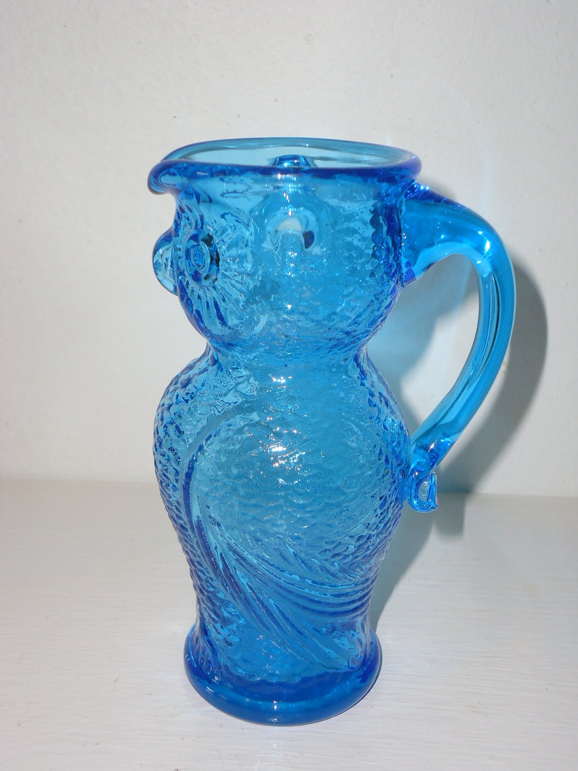 Vintage Blue Glass Owl Shaped Pitcher Creamer