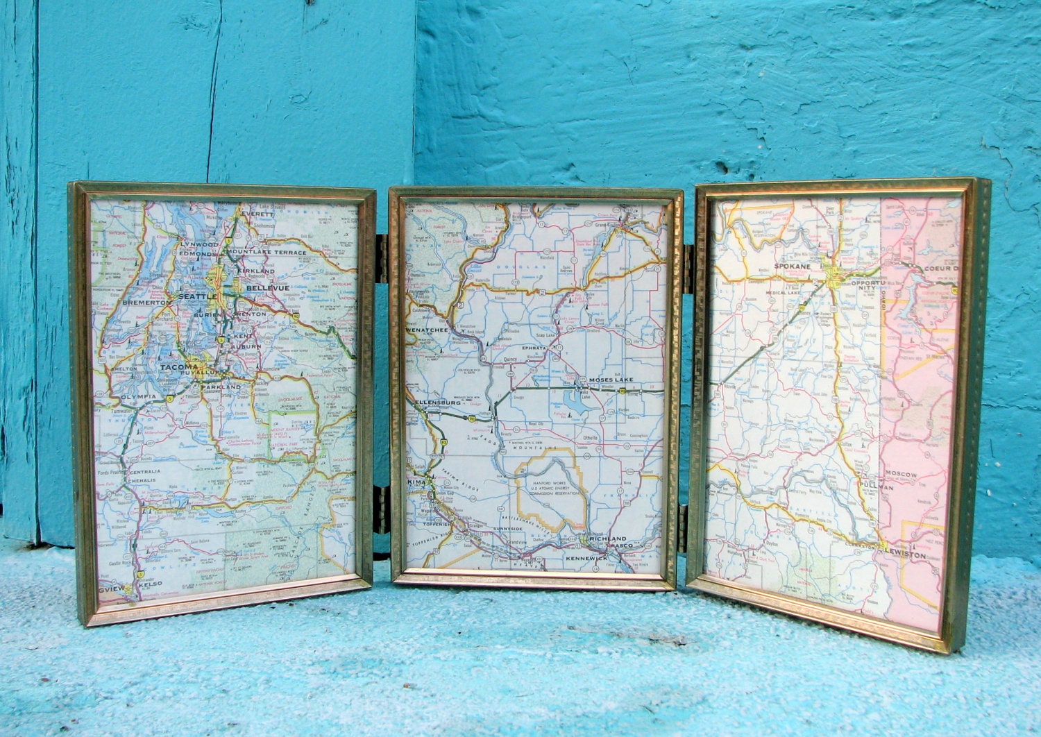 midcentury metal triptych frame -- three panel brass 5 x 7
