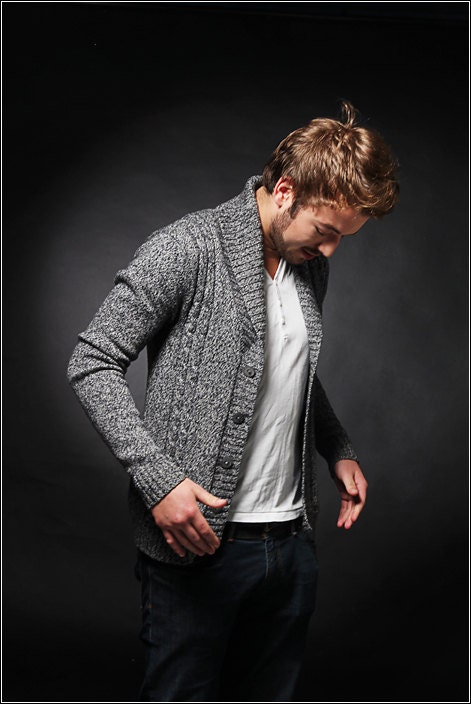Blue and white shawl collar cardigan