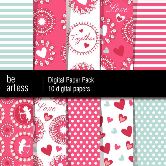 Valentine's Digital Paper Pack - 10 Valentine's papers / 12x12 inches or 8x11 inches(A4) - VP0002