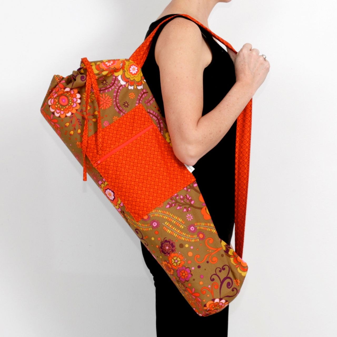 FREE SHIPPING- Yoga Mat Bag in Earthy Floral Paisley with a Zipper Pocket