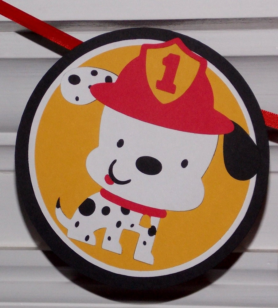 Little Puppy Happy 1st Birthday Fireman "Pawty" Banner ... MADE TO ORDER ...  Red Yellow Black  Polka Dots... adjustable