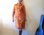 Vintage 70s Boho Shirt Waist Dress. Silk Elephants. Orange Brown. Size S. - ChatteJolie
