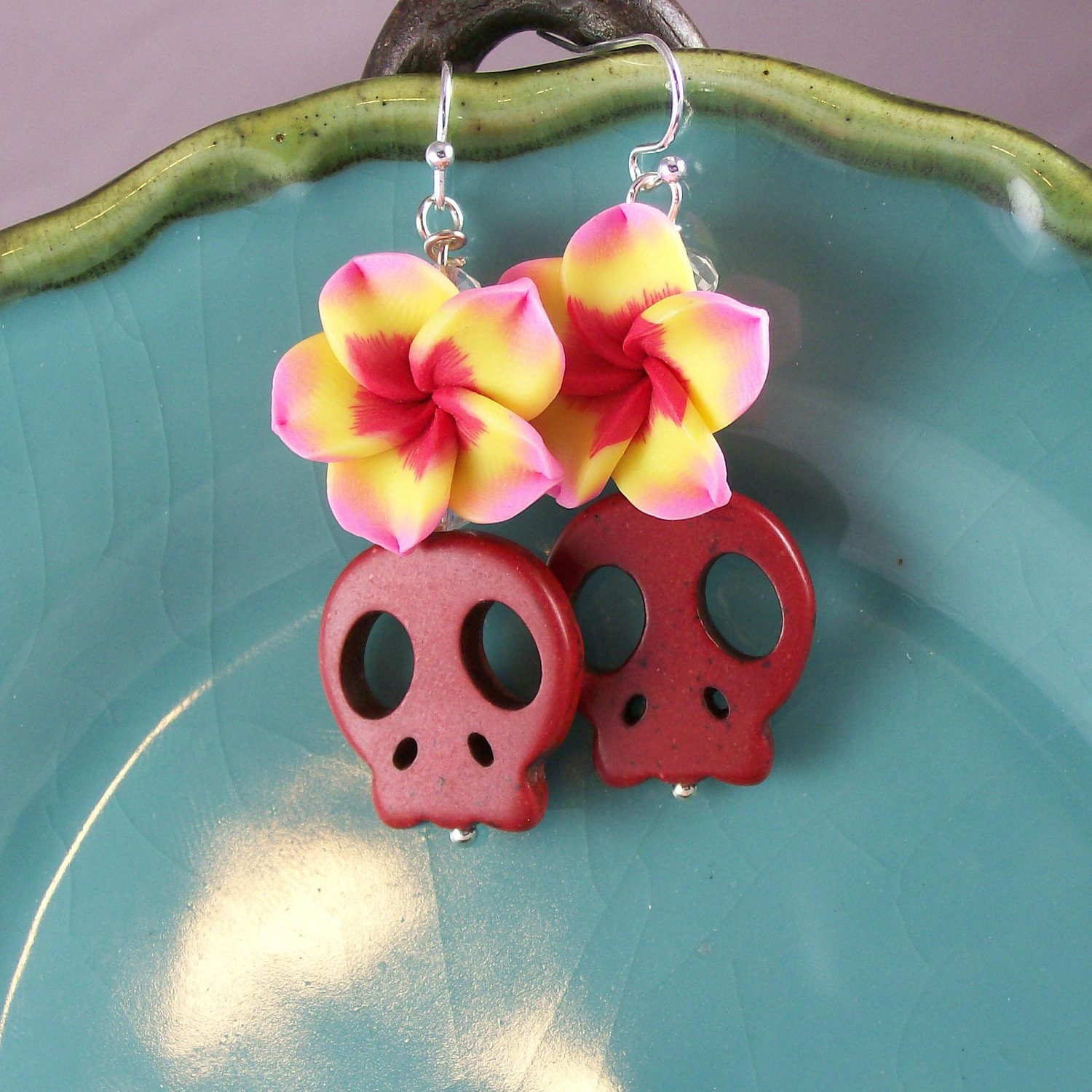 Red Skull Earrings with Kawaii Flower