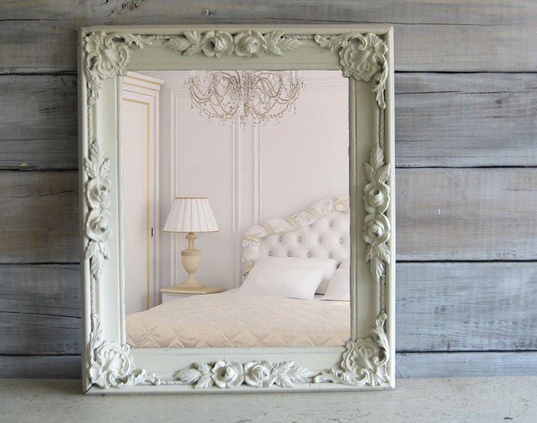 Shabby Cream Mirror with Roses, Cottage Chic, Romantic Frame