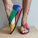 Vintage 80s Leather Sandals / Flats / Colorful Woven Straps / Vintage 80s / Size 7.5