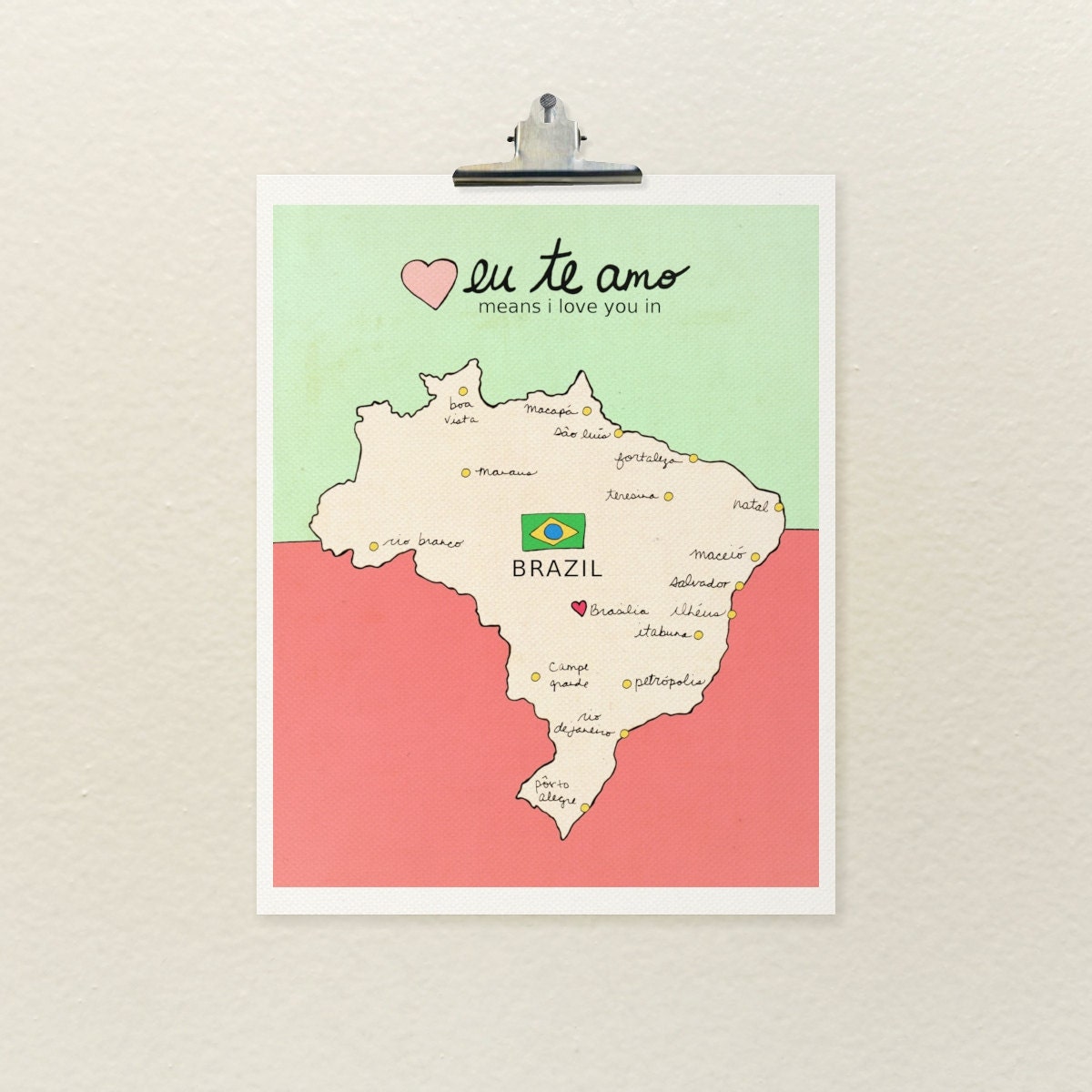 I Love You in Brazil 8x10 / Typographic Print, Nursery Art, Map, Chart, Illustration, Children Decor, Typography Poster, Digital, Giclee
