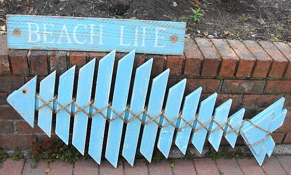 Turquoise Skeleton Fish Sign Wall Art Beach Lake House Coastal Sign Sculpture