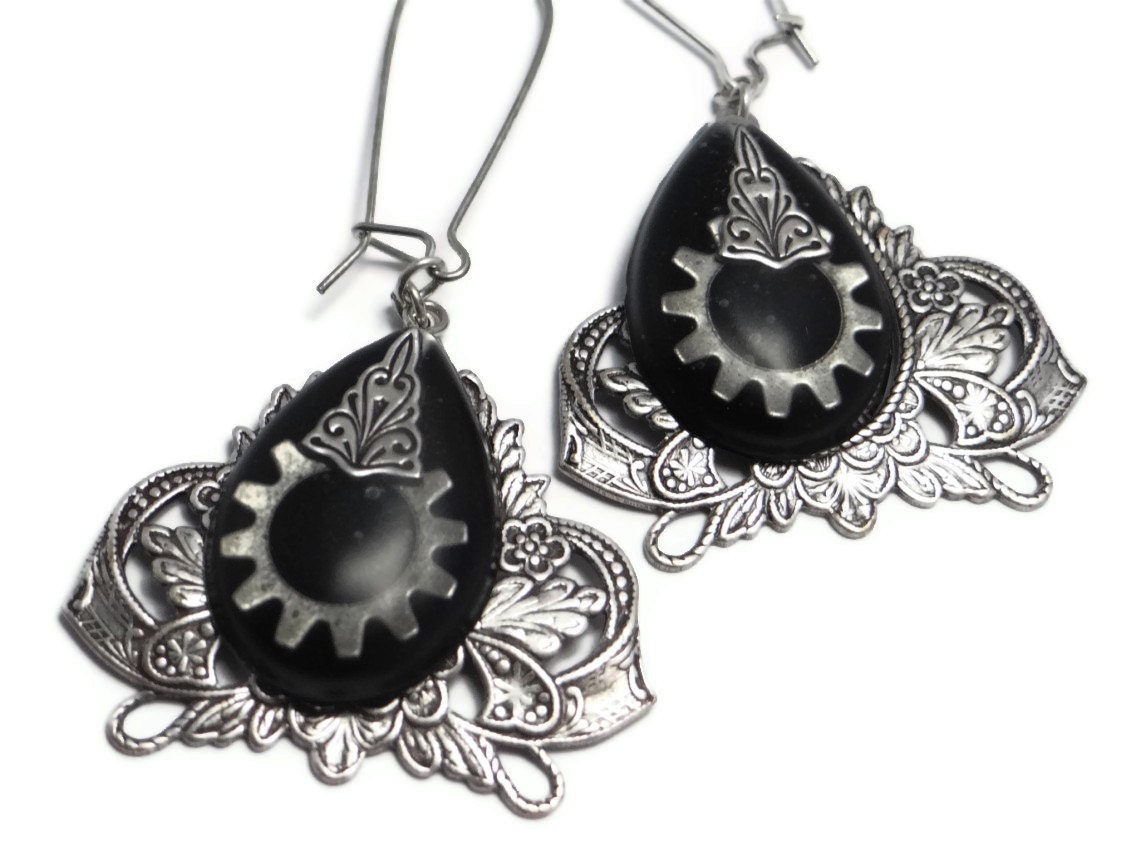 Steampunk Earrings Silver Gears in Black Resin - by Dr Brassy Steampunk