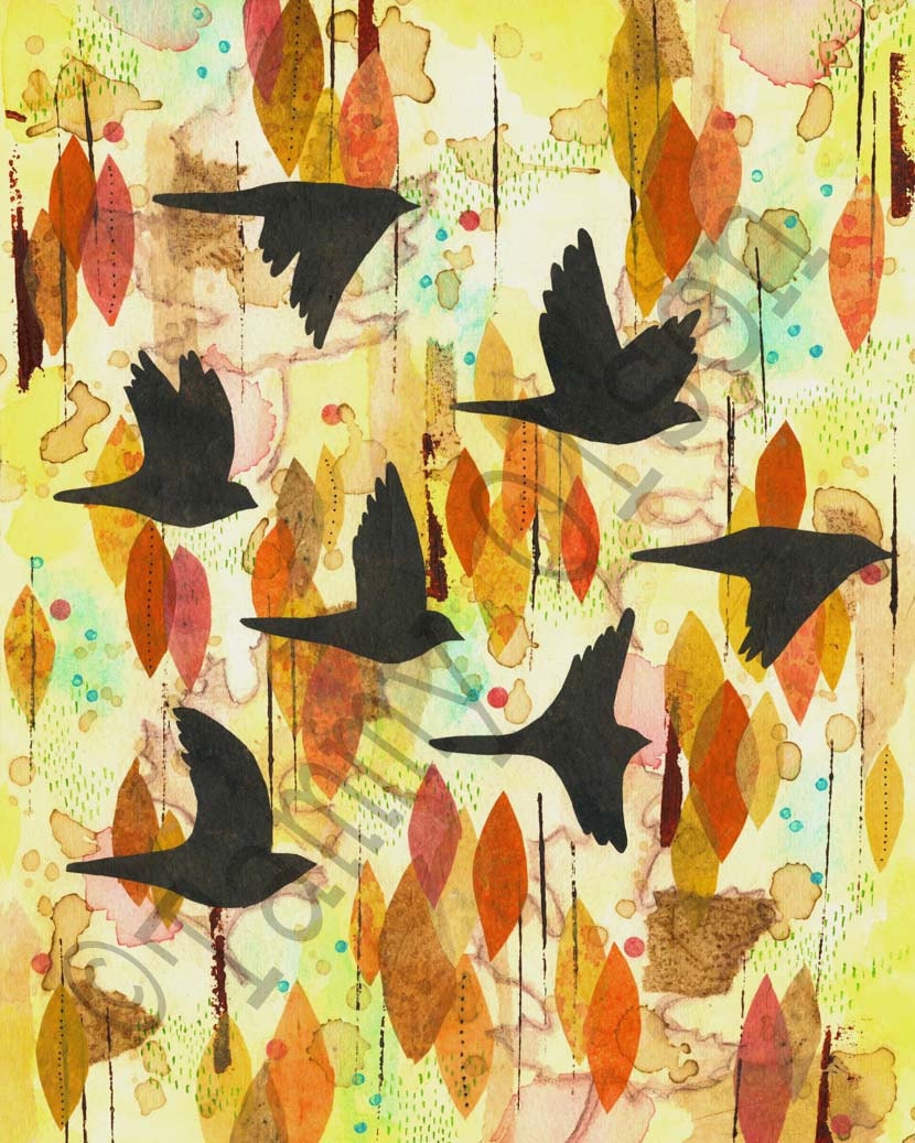 Mixed media collage, black birds, leaves, fall, autumn, painting, birds, art 8 x 10  limited edition print 4/250 "Autumn's Flight"