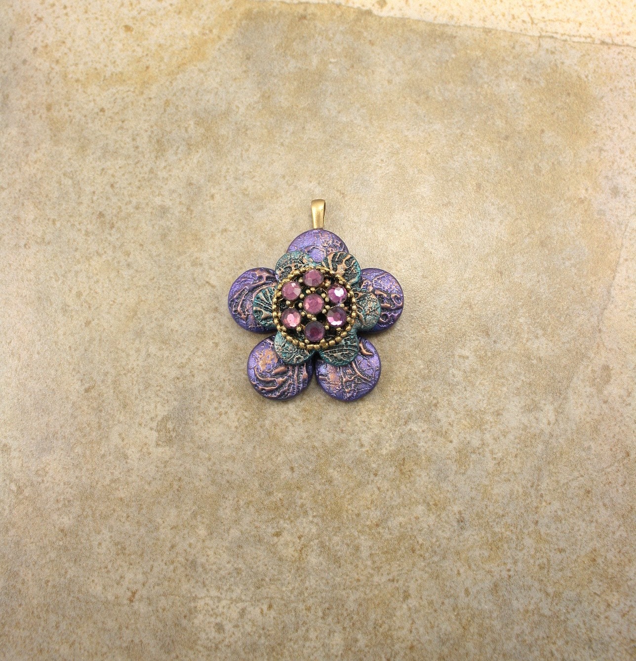 Mixed Media Flower Pendant Brass Black Bronze Turquoise Purple One of a Kind Pendant
