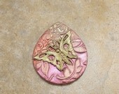 Artisan Butterfly Pendant Brass Bronze Deep Pink Copper Green Teardrop Pendant One of a Kind