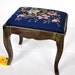Painted Vintage Footstool. Blue Floral Needlework Upholstered Stool Ottoman Bench