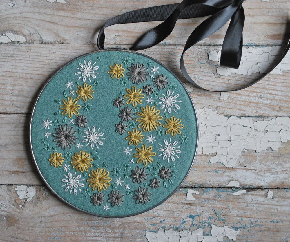 Hoop Art Hand Embroidered Felt Aloe Green Mustard Yellow Pewter Grey in Vintage Metal Hoop Embroidery by love maude